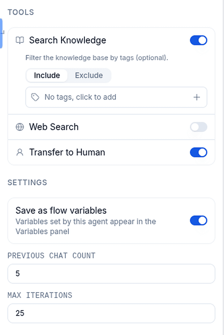 Autonomous Agent tools and settings