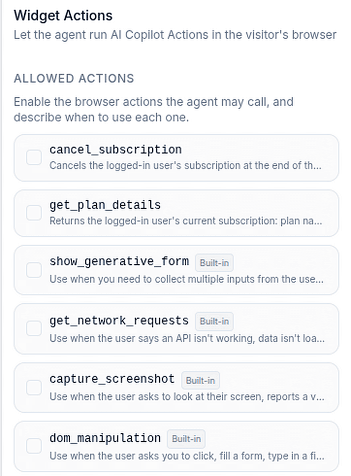 Widget Actions configuration