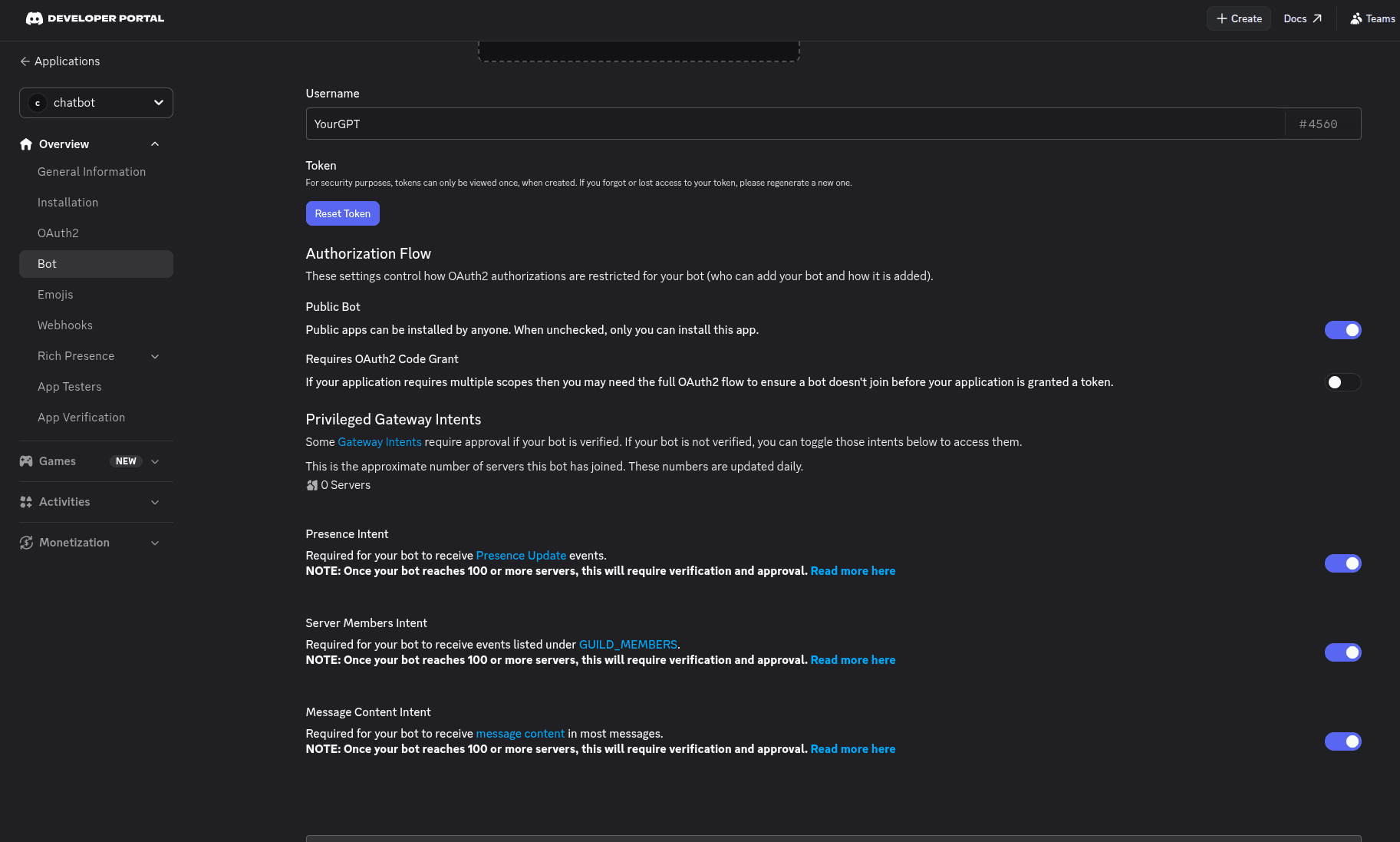 Enable MESSAGE CONTENT INTENT in Discord Developer Portal Privileged Gateway Intents