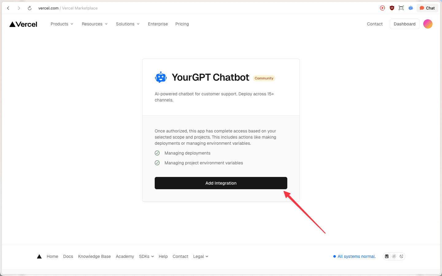 Add Integration on Vercel