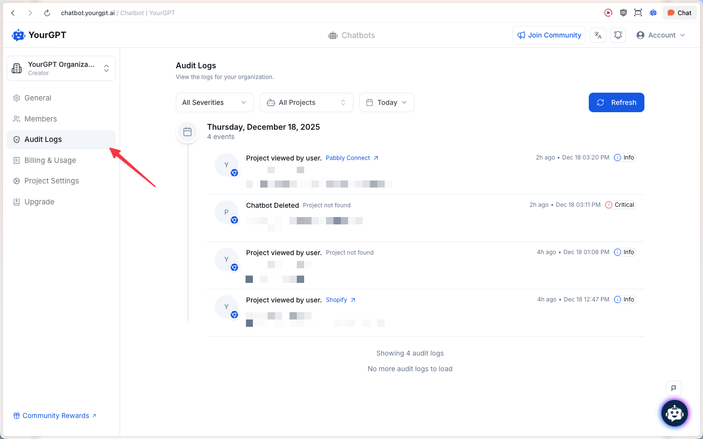 Audit Logs page