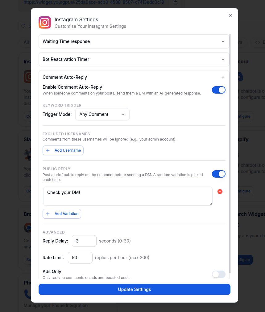 Instagram Comment Auto-Reply settings showing trigger mode, excluded usernames, public reply, and advanced options