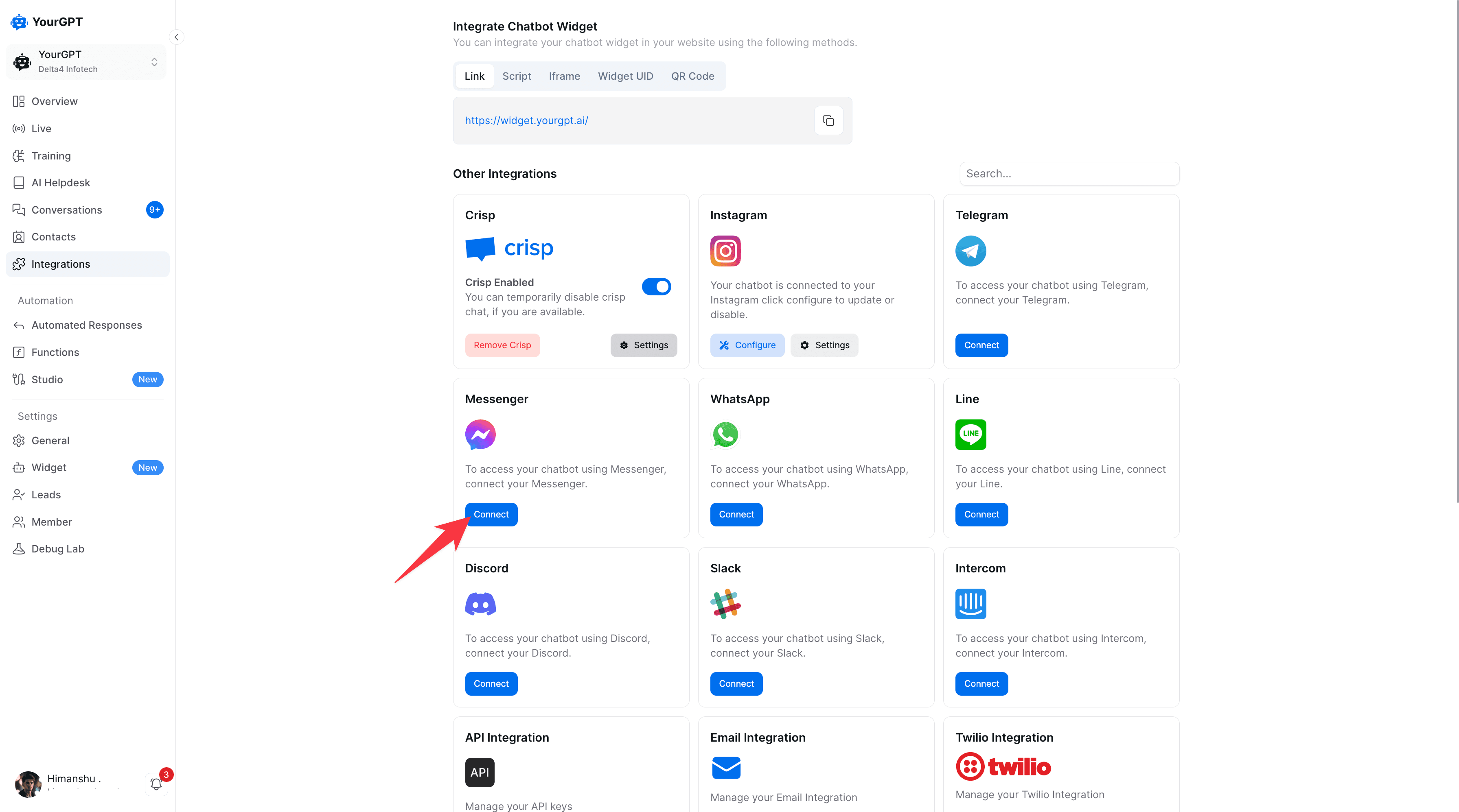 Messenger Integration in YourGPT dashboard