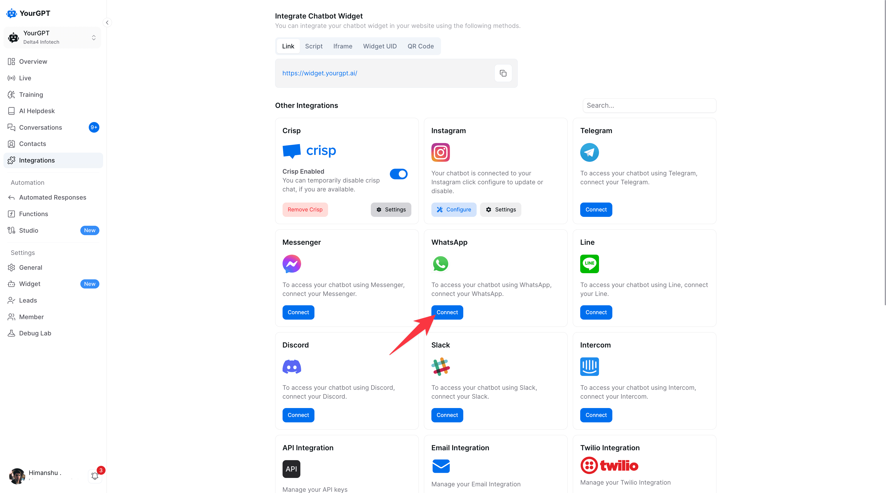 WhatsApp Integration in YourGPT dashboard