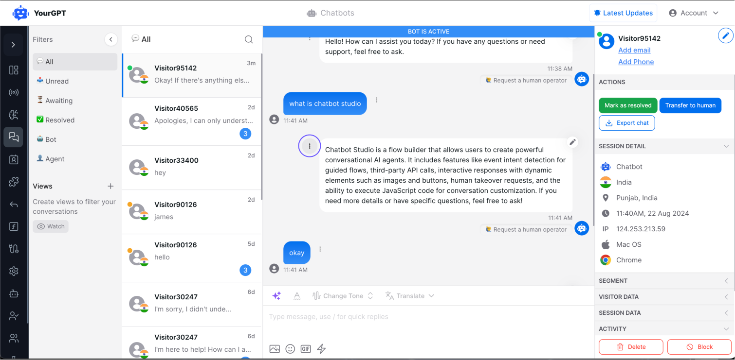 Conversations Dashboard open